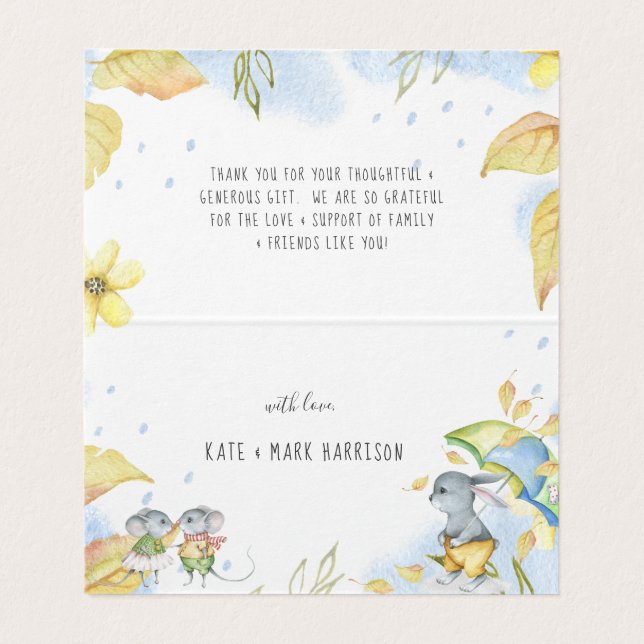 Tarjeta De Visita Whimsical Autumn Animals Baby Shower Gracias (Interior desplegado)