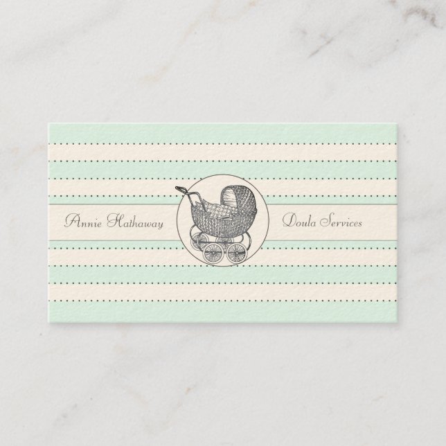 Tarjeta De Visita Whimsical Baby Buggy Blue Green Birting Services (Anverso)