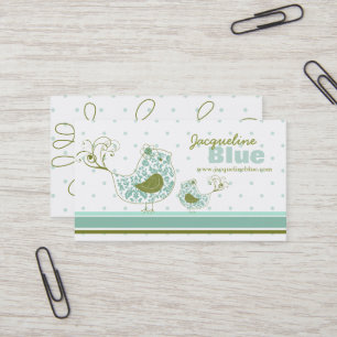 Tarjeta De Visita Whimsical Blue Mommy And Baby Bird Damask Swirls