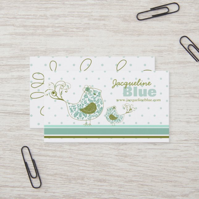Tarjeta De Visita Whimsical Blue Mommy And Baby Bird Damask Swirls (Anverso/Reverso In Situ)