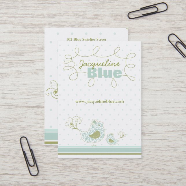 Tarjeta De Visita Whimsical Blue Mommy And Baby Bird Damask Swirls (Anverso/Reverso In Situ)