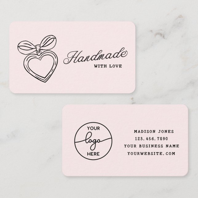 Tarjeta De Visita Whimsical Handmade with Love Script Heart Bow Logo (Anverso / Reverso)