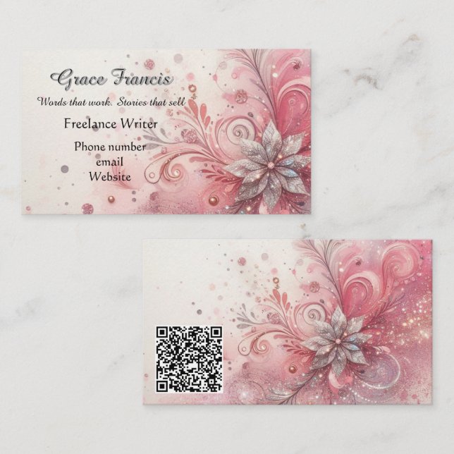 Tarjeta De Visita Whimsical Pink Sparkle Freelling Storyteller (Anverso / Reverso)