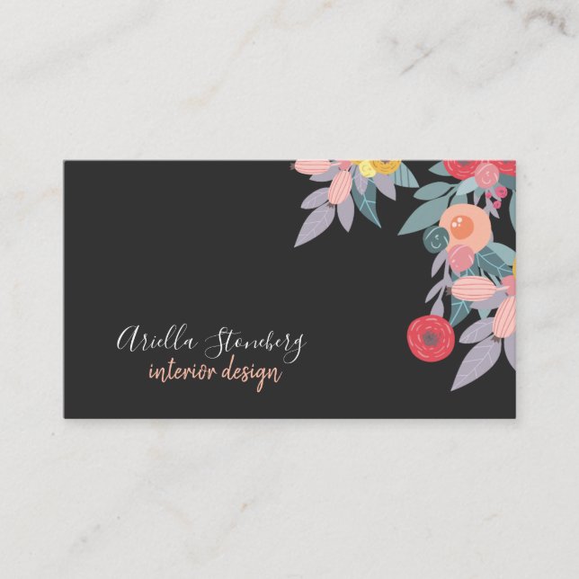 Tarjeta De Visita Whimsical Pintado Bloom | Floral sobre negro (Anverso)