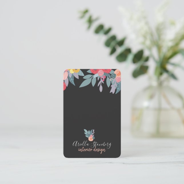 Tarjeta De Visita Whimsical Pintado Bloom | Floral sobre negro (Anverso de pie)