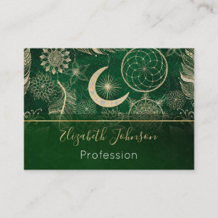 Tarjeta De Visita Whimsy Gold y Green Dreamcatcher Feathers Mandala
