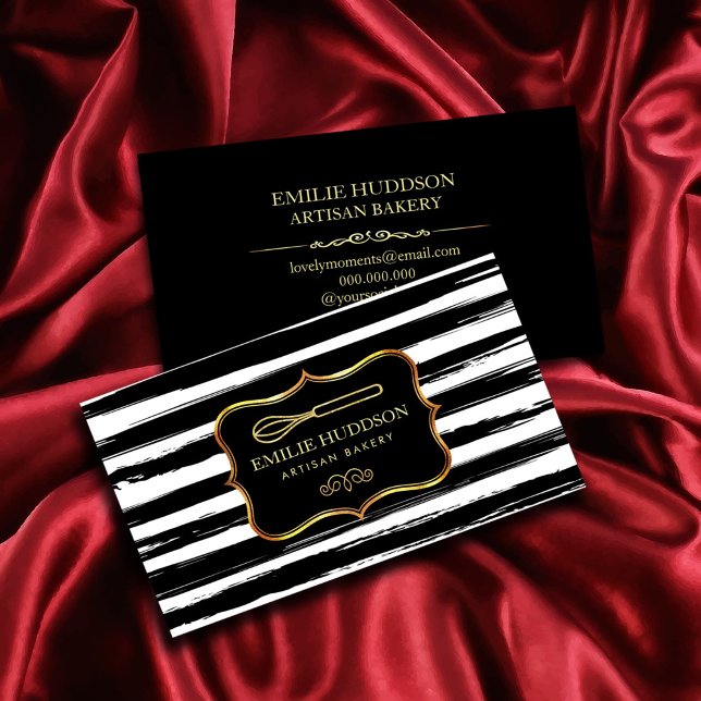 Tarjeta De Visita Whisk Gold | Resumen del marco de franjas blancas  (Gold Whisk | Frame Abstract Black White Stripes #bakery #bakerypastry #chef)