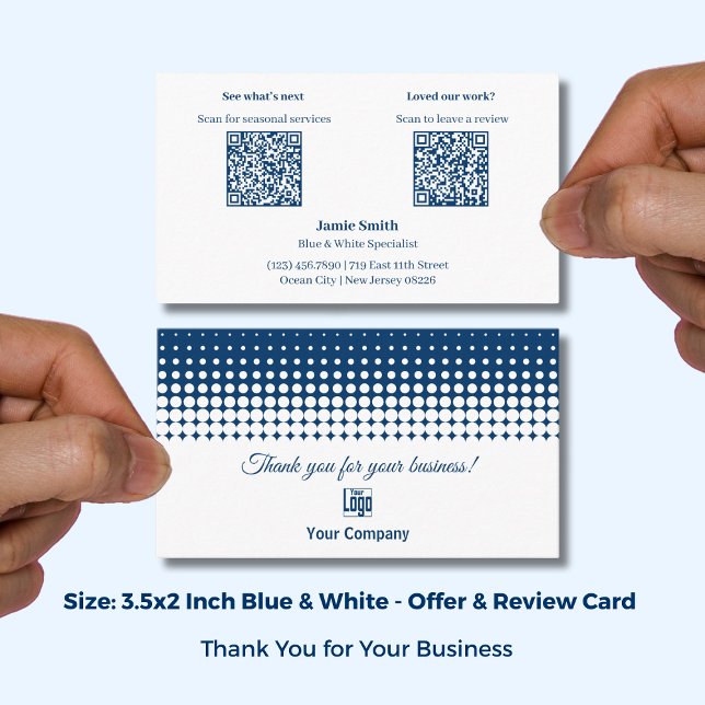 Tarjeta De Visita White and Blue - Thank You, Offer & Review Prompt (White and Blue - Thank You, Offer & Review Prompt Business Card with Logo; Size: 3.5x2 Inch)
