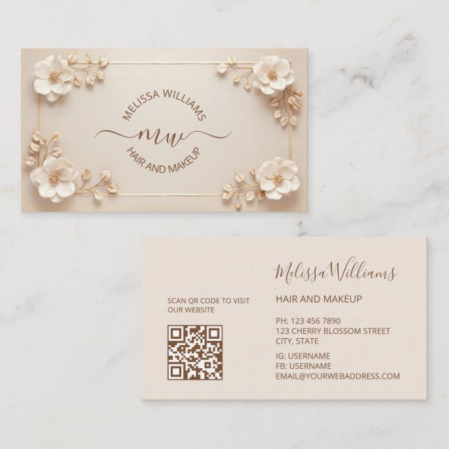 Tarjeta De Visita White Beige 3D Flowers Initials (Anverso / Reverso)