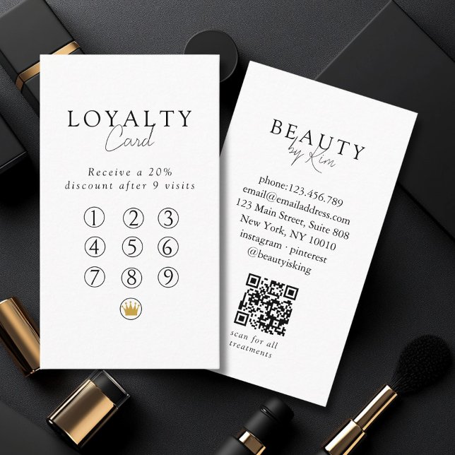 Tarjeta De Visita  White & Black  Minimal Salon QR Code Loyalty (Custom White & Black Minimal Salon QR Code Loyalty Business Card)