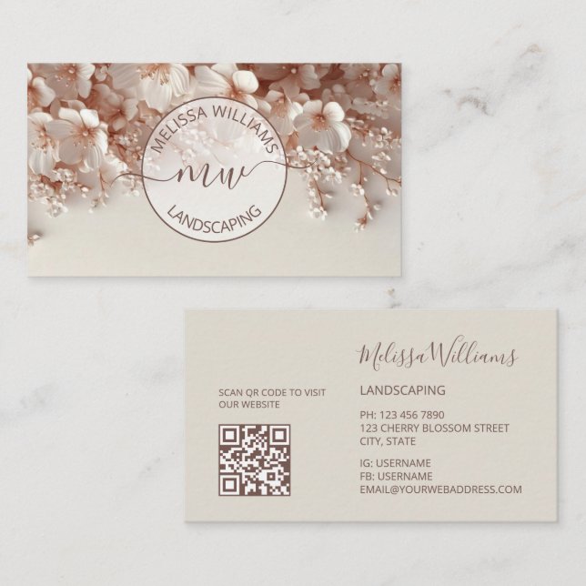 Tarjeta De Visita White Blush 3D Flowers Logo Initials (Anverso / Reverso)