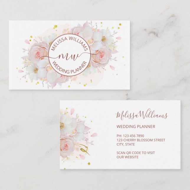 Tarjeta De Visita White Blush Flowers Logo Initials (Anverso / Reverso)