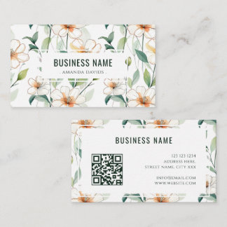 Tarjeta De Visita White Floral Pattern Green Greenery QR Code