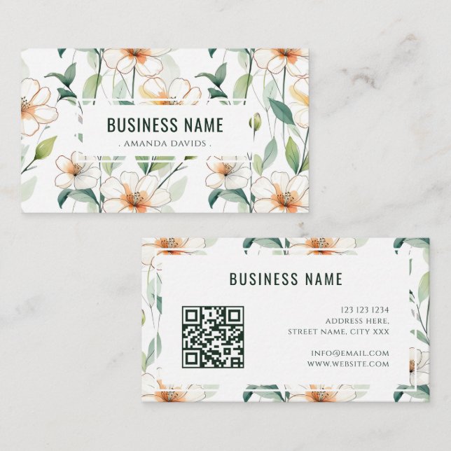 Tarjeta De Visita White Floral Pattern Green Greenery QR Code (Anverso / Reverso)