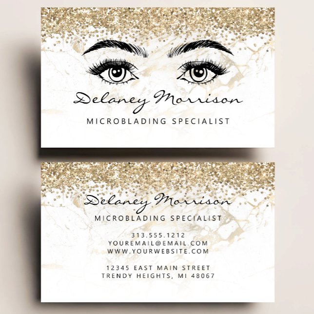 Tarjeta De Visita White Marble Gold Glitter Eyes Microblading (Subido por el creador)