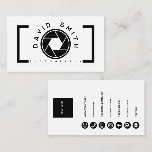 Tarjeta De Visita White Minimalist Camera Photographer Business Card (Anverso / Reverso)