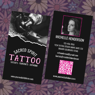 Tarjeta De Visita White Modern Text 2 Photo QR Code Tattooist