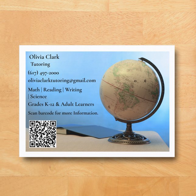 Tarjeta De Visita White QR Code Tutor Teacher Globe & Book Classroom (White Globe  Business Card for Teacher )