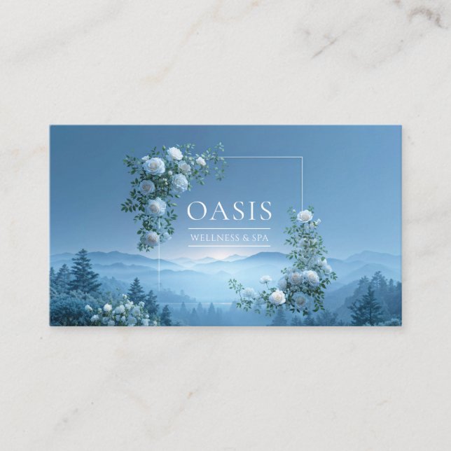 Tarjeta De Visita White Rose Floral and Misty Blue Mountain Valley (Anverso)