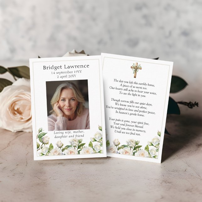 Tarjeta De Visita White Roses Memorial Photo Prayer Card (Subido por el creador)