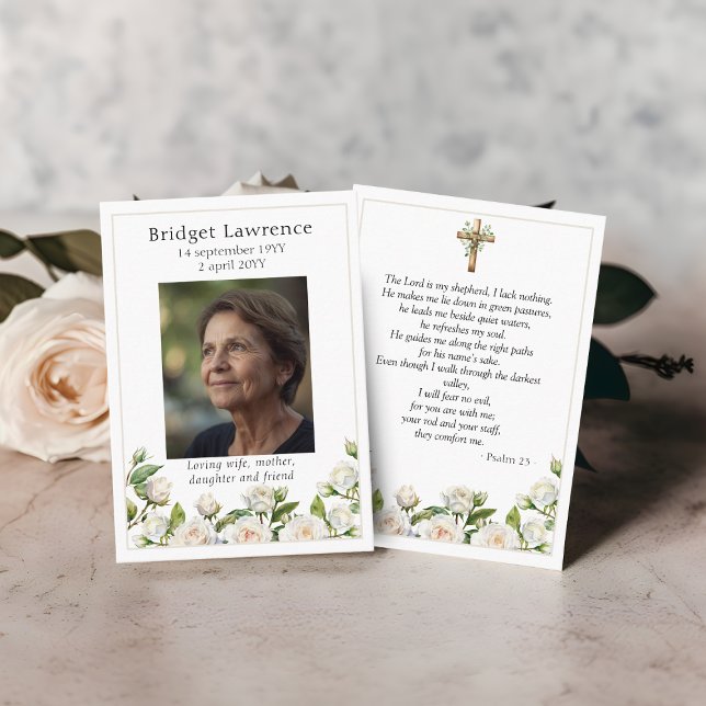 Tarjeta De Visita White Roses Memorial Photo Psalm 23 Prayer Card (Subido por el creador)