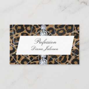 Tarjeta De Visita White Silver Marble Negra Purpurina Leopardo Busin