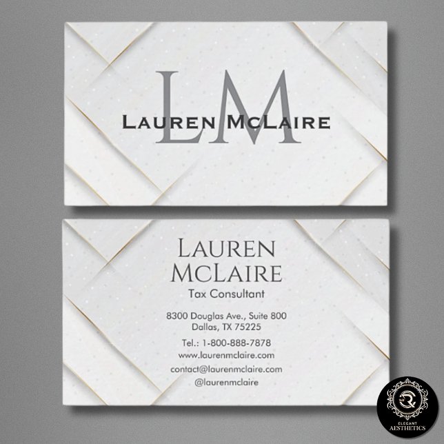 Tarjeta De Visita White Sparkle & Gold Accent Monogram Business Card (Subido por el creador)