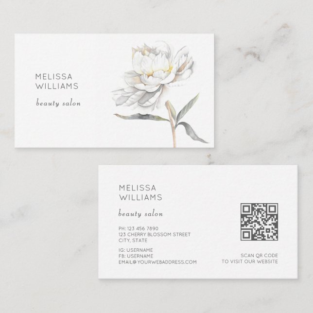 Tarjeta De Visita White Watercolor Peony Flower (Anverso / Reverso)
