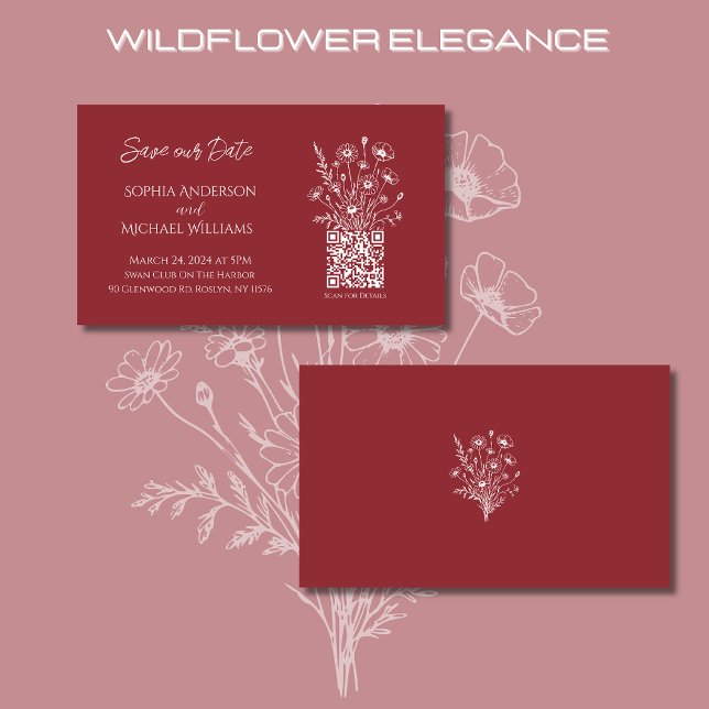 Tarjeta De Visita Wildflower Elegance Boda-Save the Date- (Wildflower Elegance Wedding Save the Date-Red with QR Code-Rustic, Country, Bohemian, Elegant)