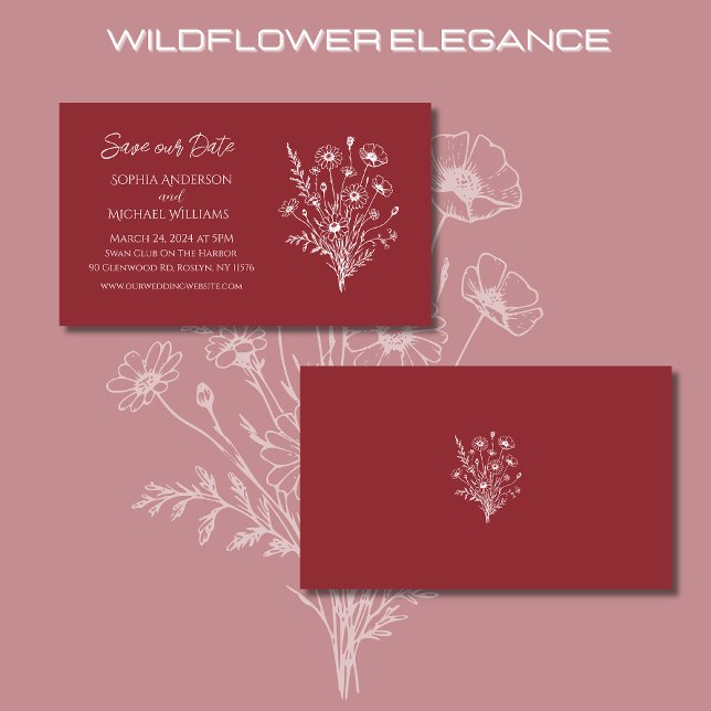 Tarjeta De Visita Wildflower Elegance Boda-Save the Date- (Wildflower Elegance Wedding Save The Date-Red-Rustic, Country, Bohemian, Elegant)