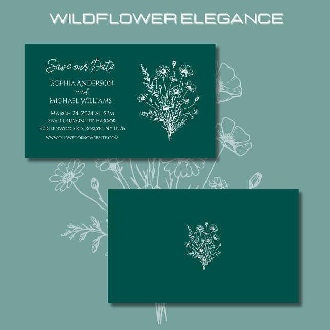 Tarjeta De Visita Wildflower Elegance Boda-Save the Date- (Wildflower Elegance Wedding Save Our Date-Emerald Green-Rustic, Bohemian, Country)