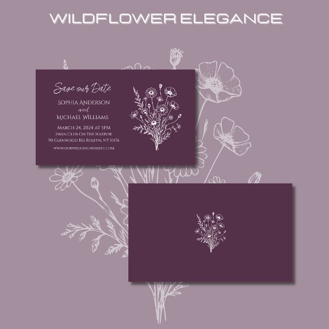 Tarjeta De Visita Wildflower Elegance Boda-Save the Date- (Wildflower Elegance Wedding Save Our Date- Purple-Rustic, Bohemian, Country)