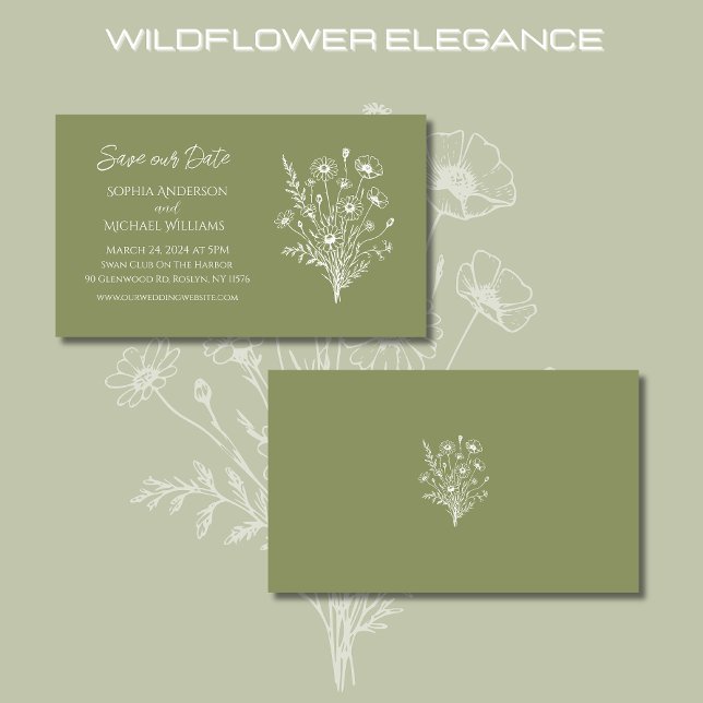 Tarjeta De Visita Wildflower Elegance Boda-Save the Date- (Wildflower Elegance Wedding Collection-Fern Green-Save Our Date)