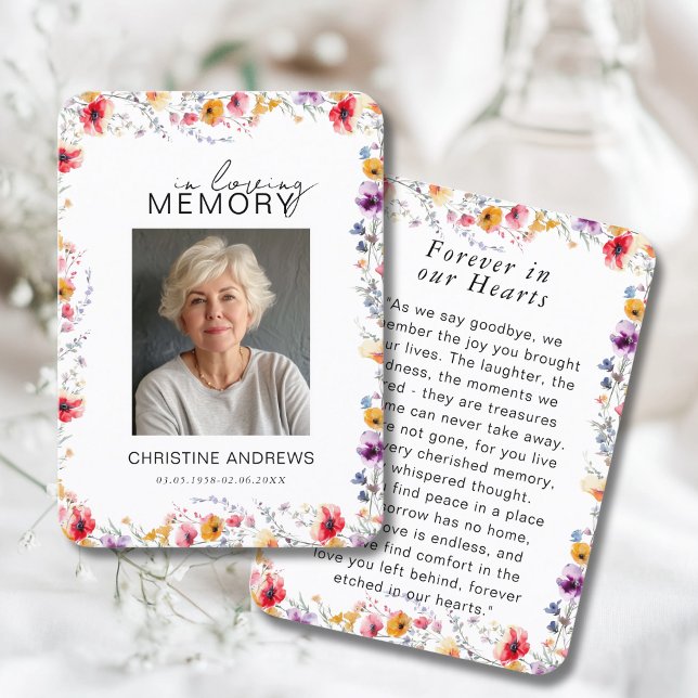 Tarjeta De Visita Wildflower "In Loving Memory" Photo Memorial  (Wildflower "In Loving Memory" Custom Photo Memorial Funeral Card)