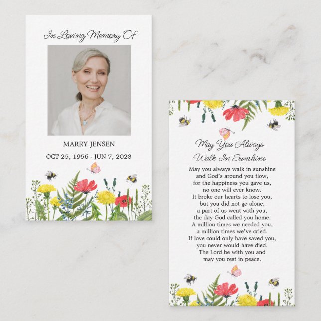 Tarjeta De Visita Wildflower Memorial Photo Funeral Prayer Card (Anverso / Reverso)