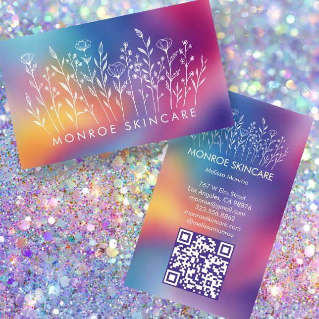 Tarjeta De Visita Wildflowers Elegant LineArt Custom QR Code Rainbow (Wildflowers Elegant LineArt Custom QR Code Rainbow Business Card
)