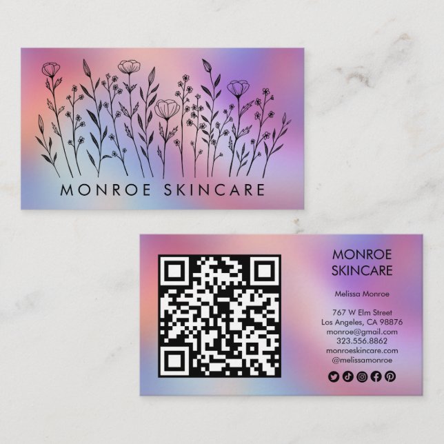 Tarjeta De Visita Wildflowers Elegant Rainbow QR Code Social Icons  (Anverso / Reverso)