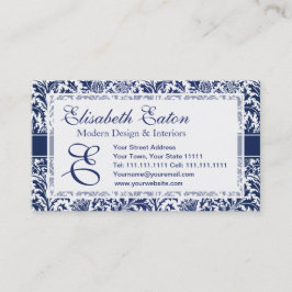 Tarjeta De Visita William Morris azul y blanco elegante floral