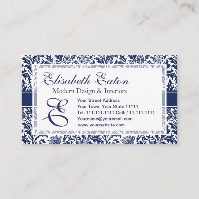 Tarjeta De Visita William Morris azul y blanco elegante floral (Anverso)