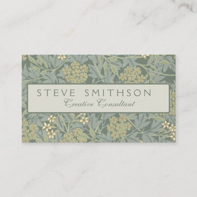 Tarjeta De Visita William Morris Jasmine Azul Arte Botánico Verde (Anverso)