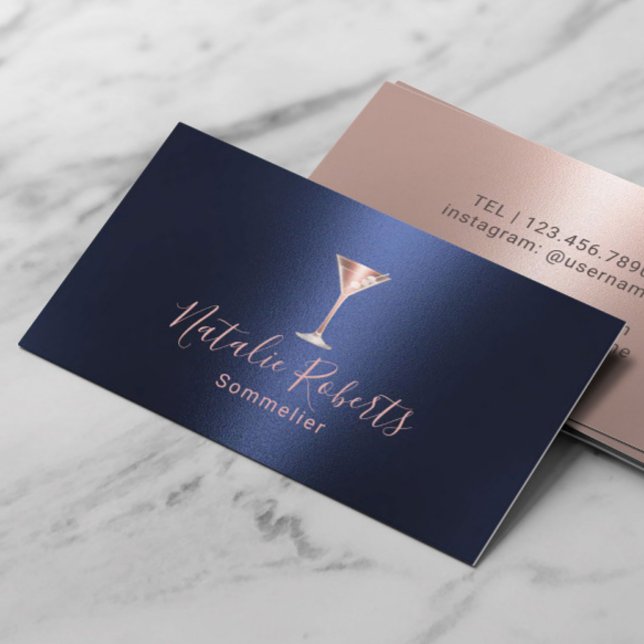 Tarjeta De Visita Wine Bartender Sommelier Marina Azul & Rosa Oro (Subido por el creador)