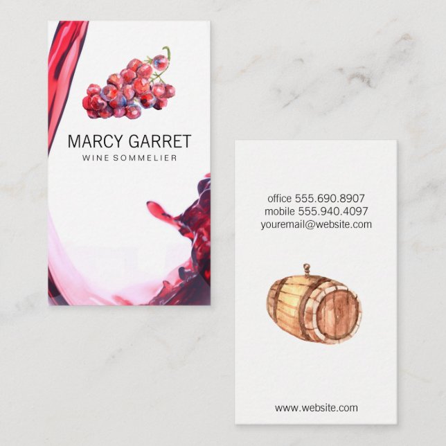 Tarjeta De Visita Wine Pour | Splash | Uvas de vino y barril (Anverso / Reverso)