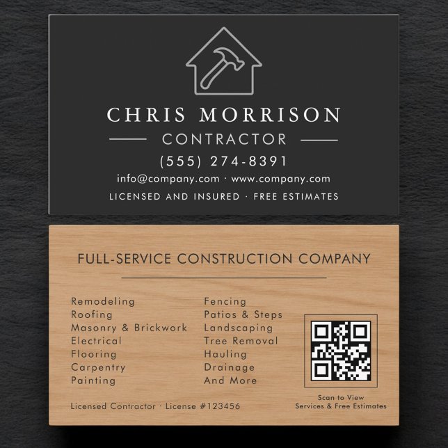 Tarjeta De Visita Wood Building Construction Black Silver QR Code (Subido por el creador)