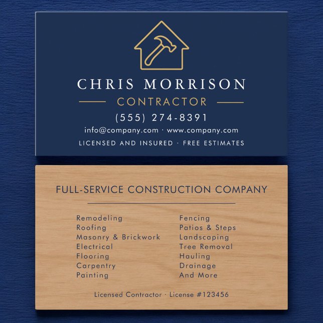 Tarjeta De Visita Wood Building Construction Contractor Navy Blue (Subido por el creador)