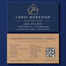 Tarjeta De Visita Wood Building Construction Navy Blue Gold QR Code