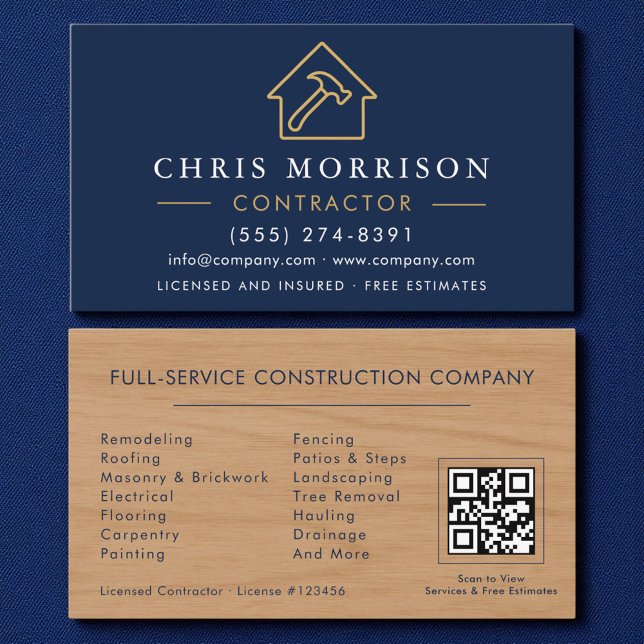 Tarjeta De Visita Wood Building Construction Navy Blue Gold QR Code (Subido por el creador)