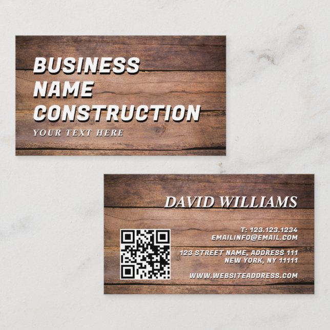 Tarjeta De Visita Wood Construction QR Code Bold Rustic (Anverso / Reverso)