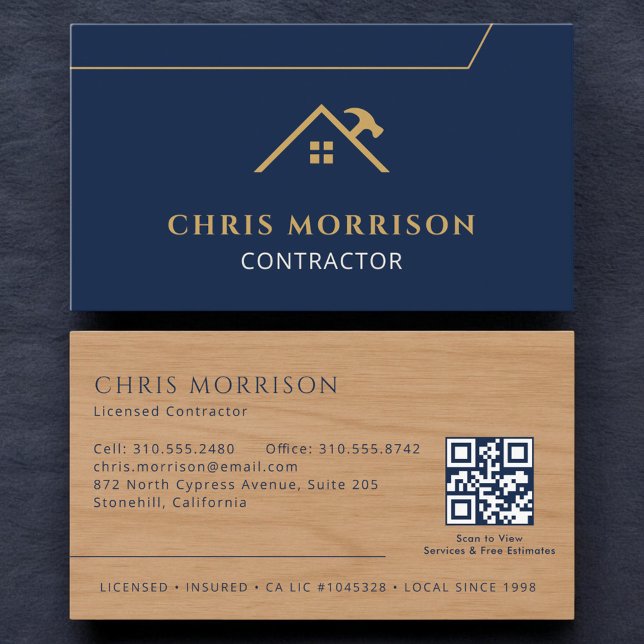 Tarjeta De Visita Wood Contractor Construction QR Code Navy Blue (Subido por el creador)