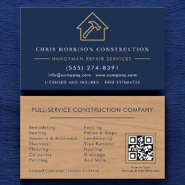 Tarjeta De Visita Wood Handyman Construction Navy Blue Gold QR Code