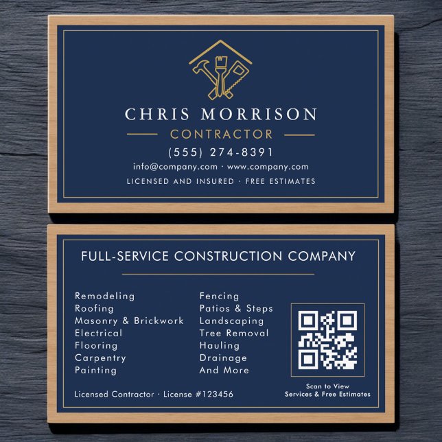 Tarjeta De Visita Wood Home Improvement Contractor Navy Blue Gold (Subido por el creador)